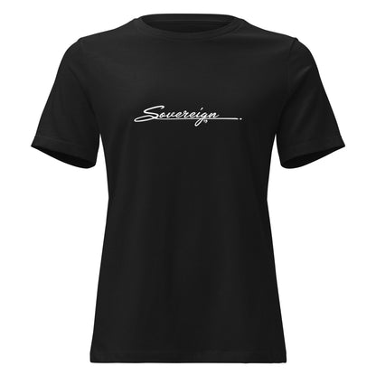 Black t-shirt with 'Sovereign' logo on a white background