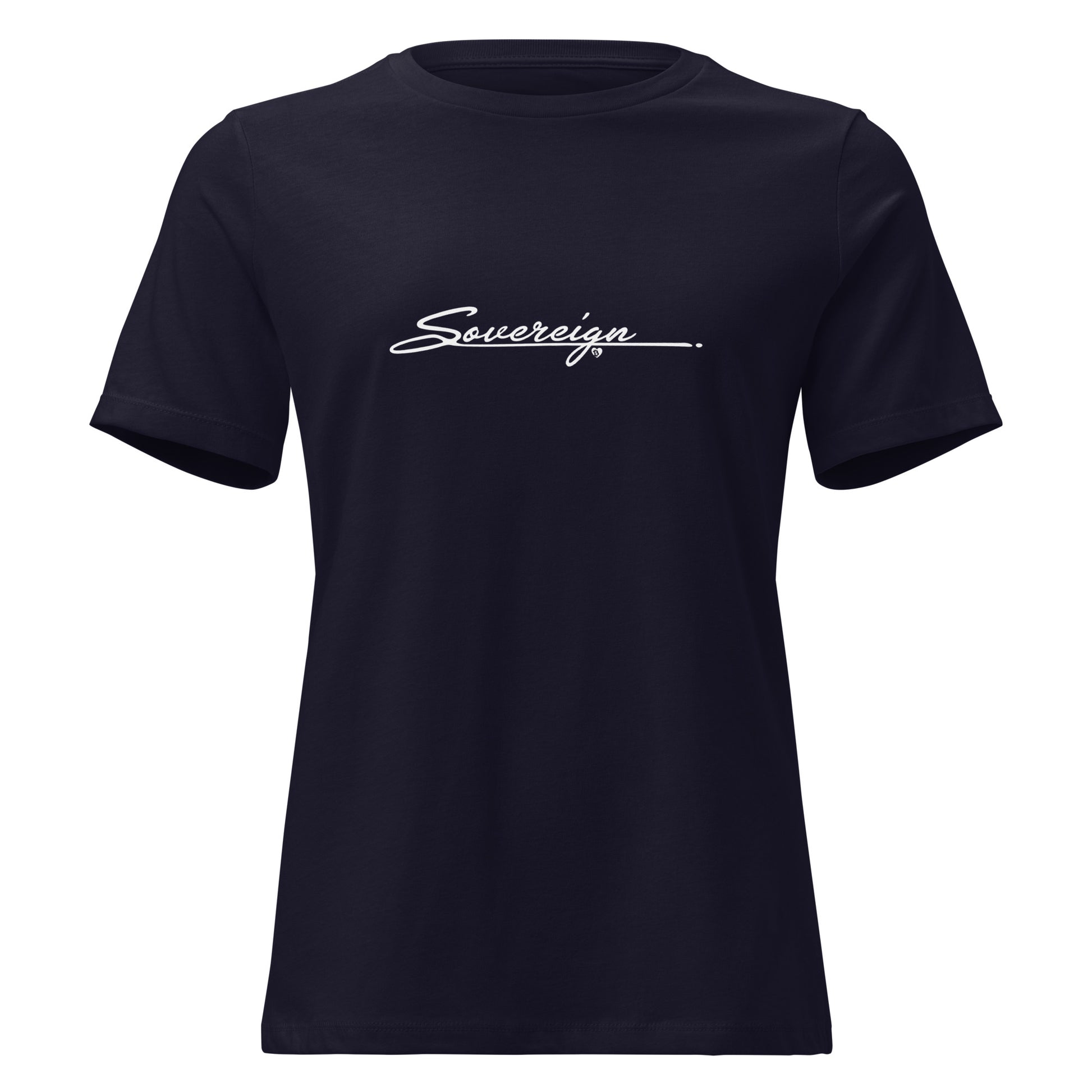 Black t-shirt with 'Sovereign' logo on a white background